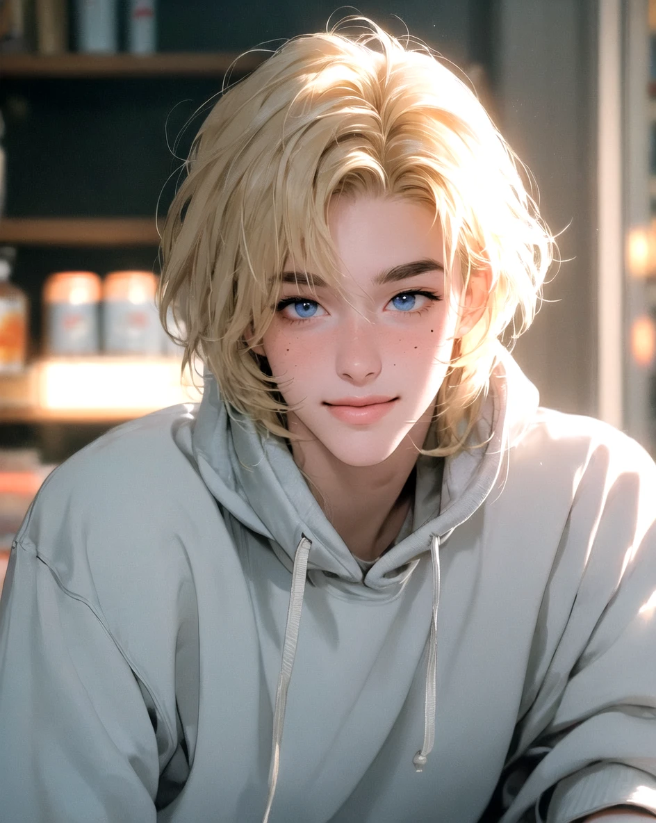 masterpiece, best quality, highly detailed background, perfect lighting, ((masterpiece)), depth of field, cinematic lighting, 1boy, Noah, blonde hair, mole under eye,  hoodie, blue eyes, upper body, hair over one eye, smile,  parted bangs, medium hair, <lora:more_details:0.1>,  <lora:Noah:1>