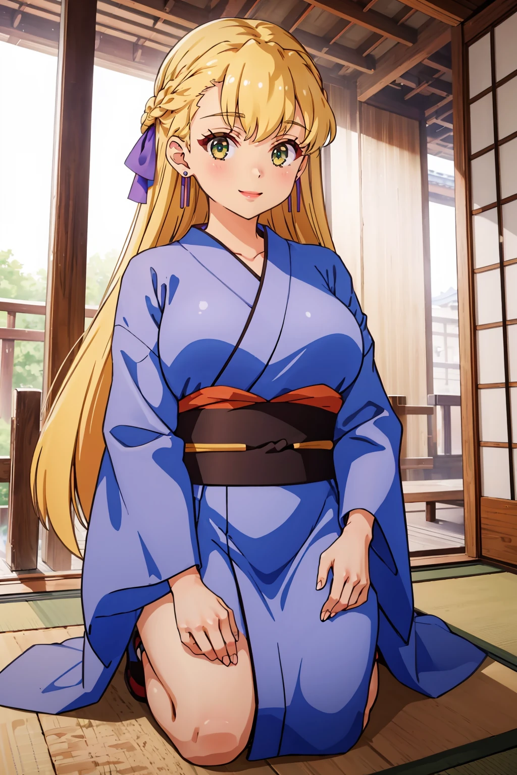 masterpiece, best quality, 1girl, <lora:theresagriebel-nvwls-v1-000009:0.8> theresa griebel, blonde hair, braid, very long hair, hair ribbon, earrings, large breasts, purple kimono, obi, sash, looking at viewer, indoors, japanese architecture, seiza, smile,
