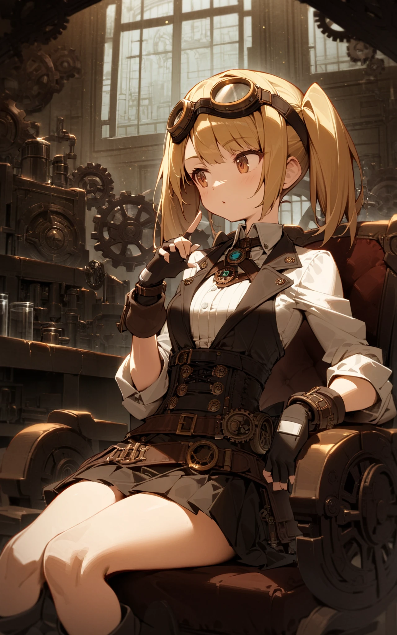 1girl, scientist, sitting, chair, blonde hair, twintails, short hair, steampunk, cowboy shot, indoors, fingerless gloves, goggles, gears, skirt,