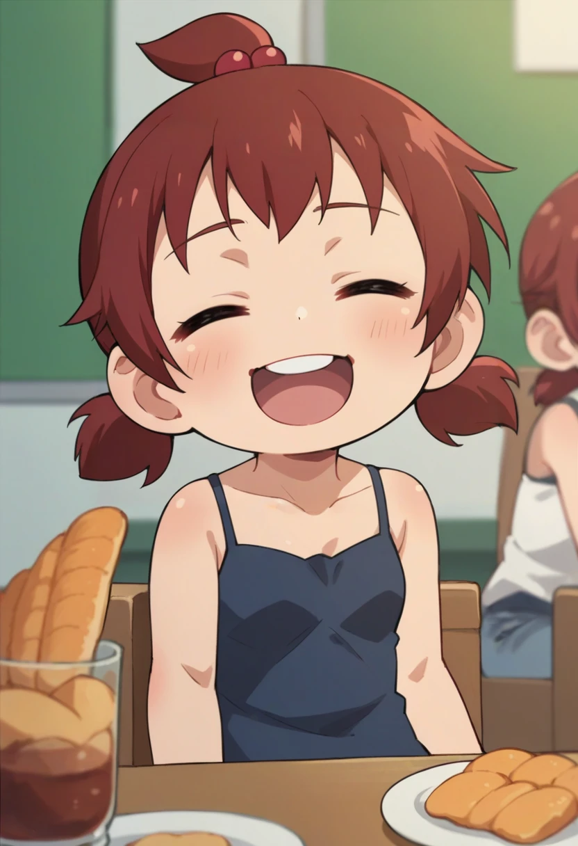score_9, score_8_up, score_8, source_anime, 1girl, (solo), chibi, <lora:FutabaMarui:0.69> short hair, topknot, short twintails, dark red hair, red hair bobbles, hair ornament, camisole, laugh, pleasure, closed eyes, sitting,
restaurant background, food, blurry background