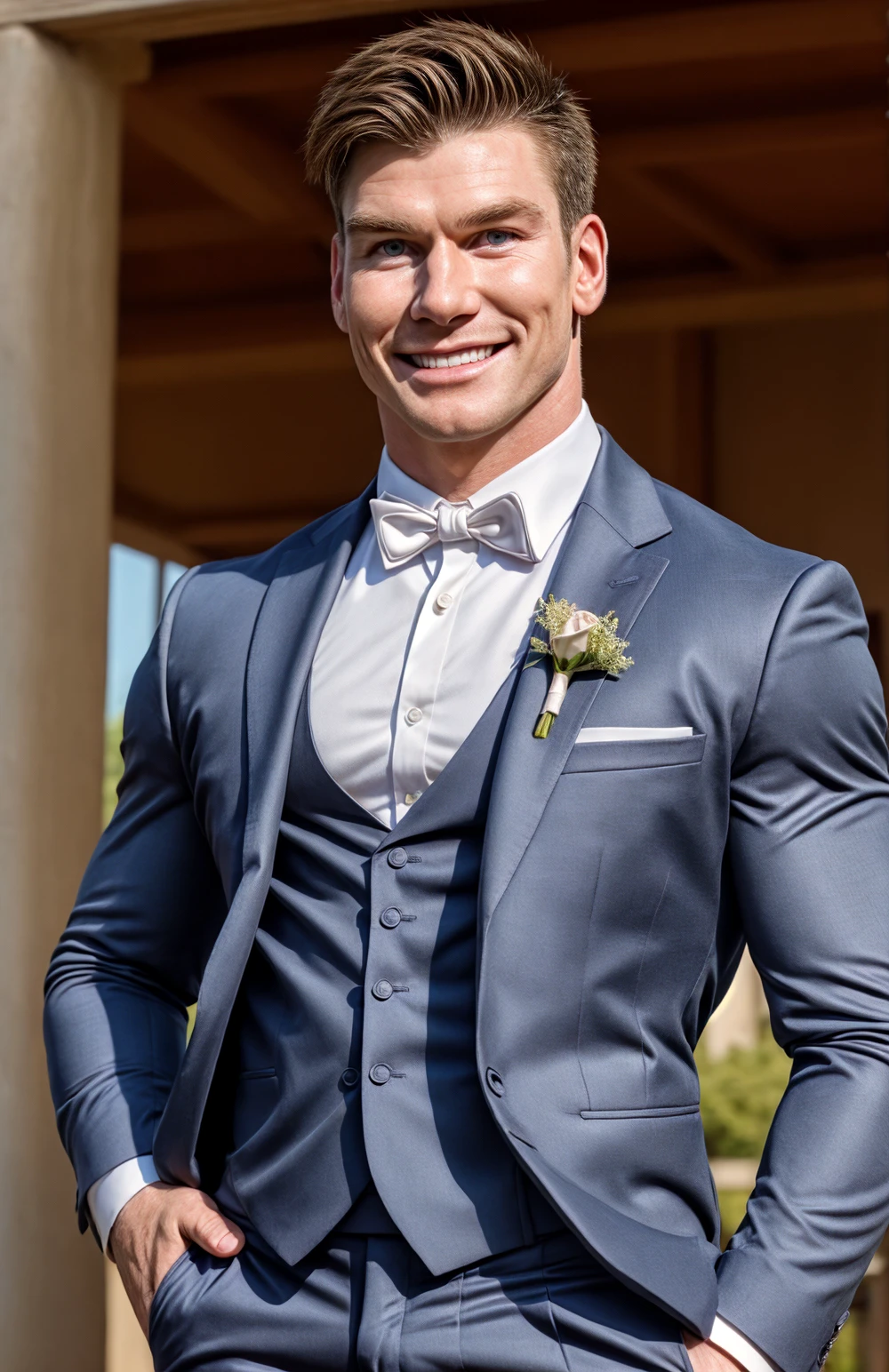 (face focus). (close up shot:0.9), <lora:BulkedUpAIR1.5:0.1>, (masculine:1.4), at outdoor sunny wedding, ((muscular man wearing designer formal suit)), sexy pose:1.0, confident, handsome, (((masterpiece))), (((best quality))), <lora:more_details:0.5>, (hands on waist), male, athletic, looking at viewer, smile, big pecs:1.2, JerryOConnellActor <lora:JerryOConnellActor (1):1>