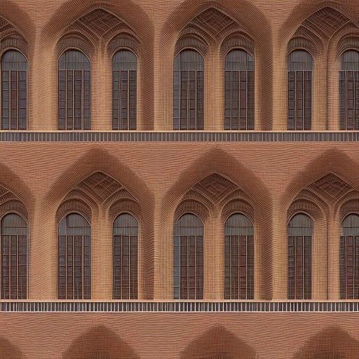 A modern building facade featuring intricate brickwork with decorative patterns and geometric complexity. A three-dimensional facade creating shadows and depth. Expansive glass windows with decorative and detailed brick frames around them are also included. Alternating thick and thin brick layers, curved and sharp brick sections to demonstrate flexibility in brick use.