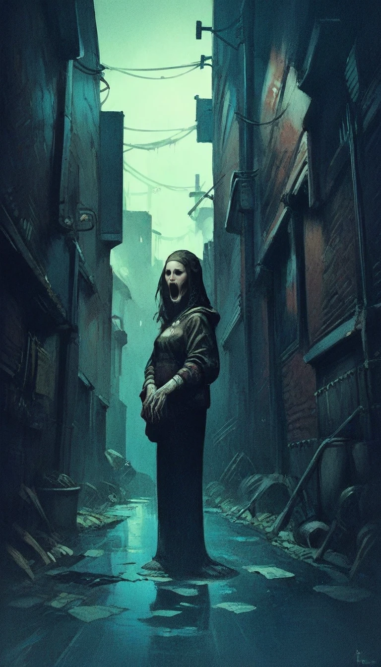 zPDXL, score_9, score_8_up, score_7_up, score_6_up, score_5_up, score_4_up, 1girl, alley, horror \(theme\), fine art parody, <lora:FineArt:1>