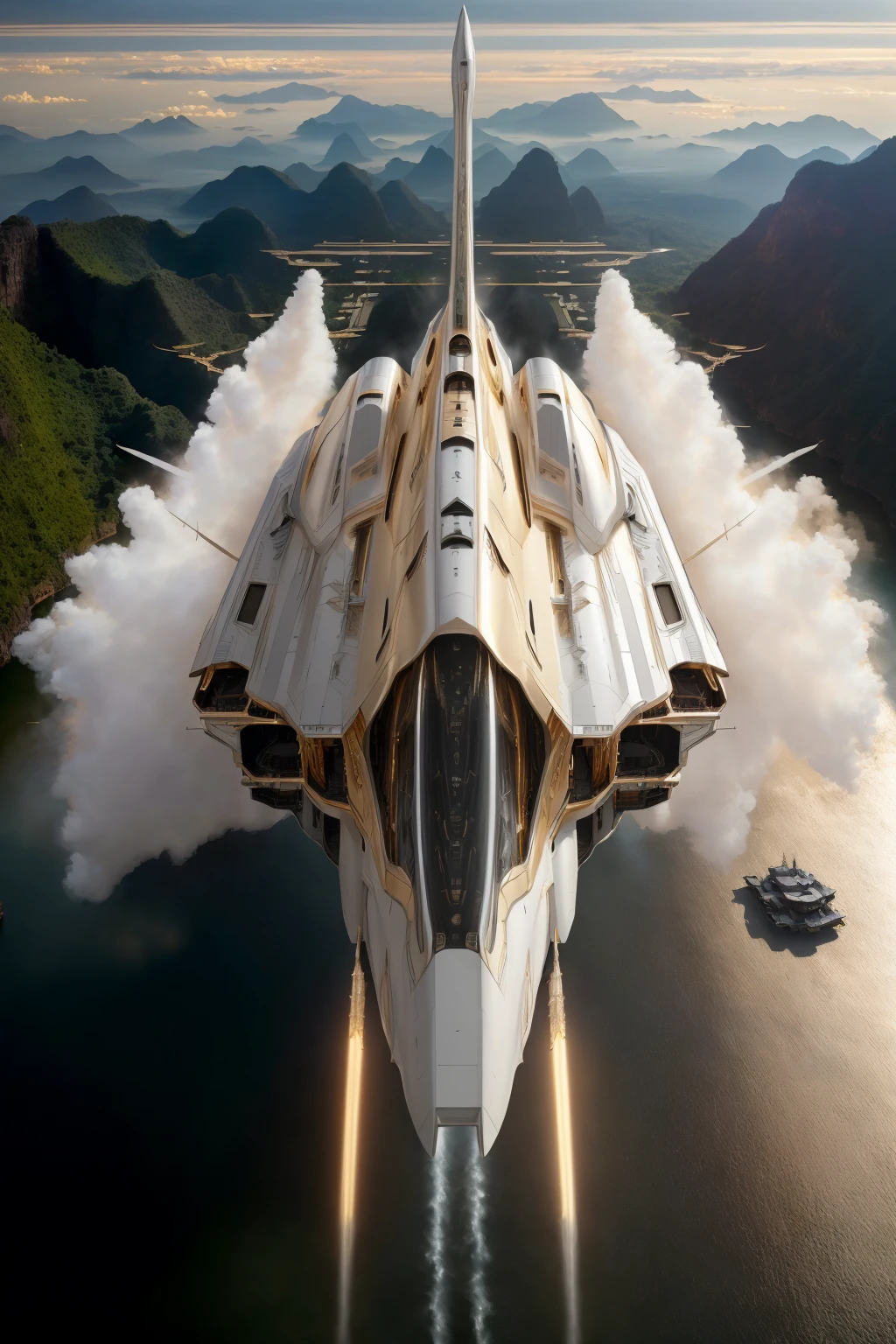 Masterpiece in photorealistic medium format 8k raw photography, (Pale Gold zzspczz soaring:1.3), Laotian Luang Prabang Royal Palaces, (Extreme long shot:1.3), realistic white smoke coming out of the reactor at full power, Hyper-realistic details, (Epic panorama:1.2), Shot with a Canon EOS R5, 50mm f/1.4 lens, Cinematic atmosphere, Perfect clarity <lora:Futuristic Spacecraft Generator Concept v5.0-000008:1>