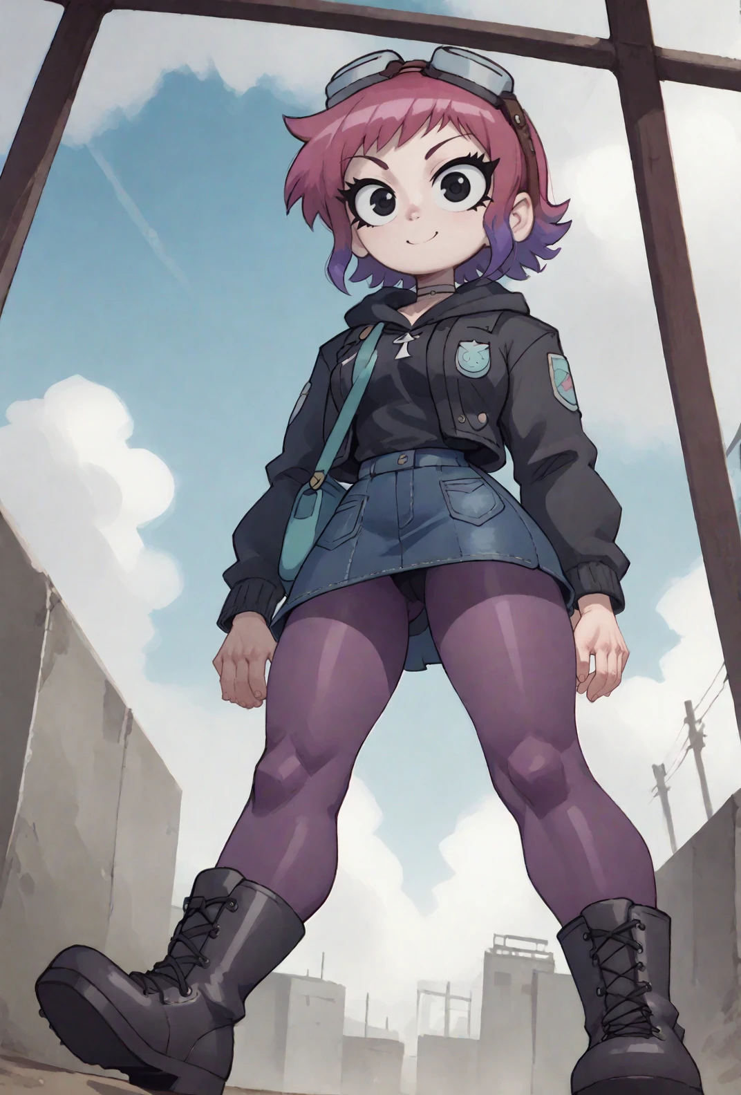 score9, score_8_up, score_7_up, <lora:RamonaSDXL:0.9> ramona flowers, 1girl, solo, black eyes, goggles on head, jacket, black hoodie, layered clothing, jean skirt, purple pantyhose, boots, shoulder bag, from below, smile, <lora:Glorp_Bingo_Mega_Mix-000001:1> glorpbingomegamix1