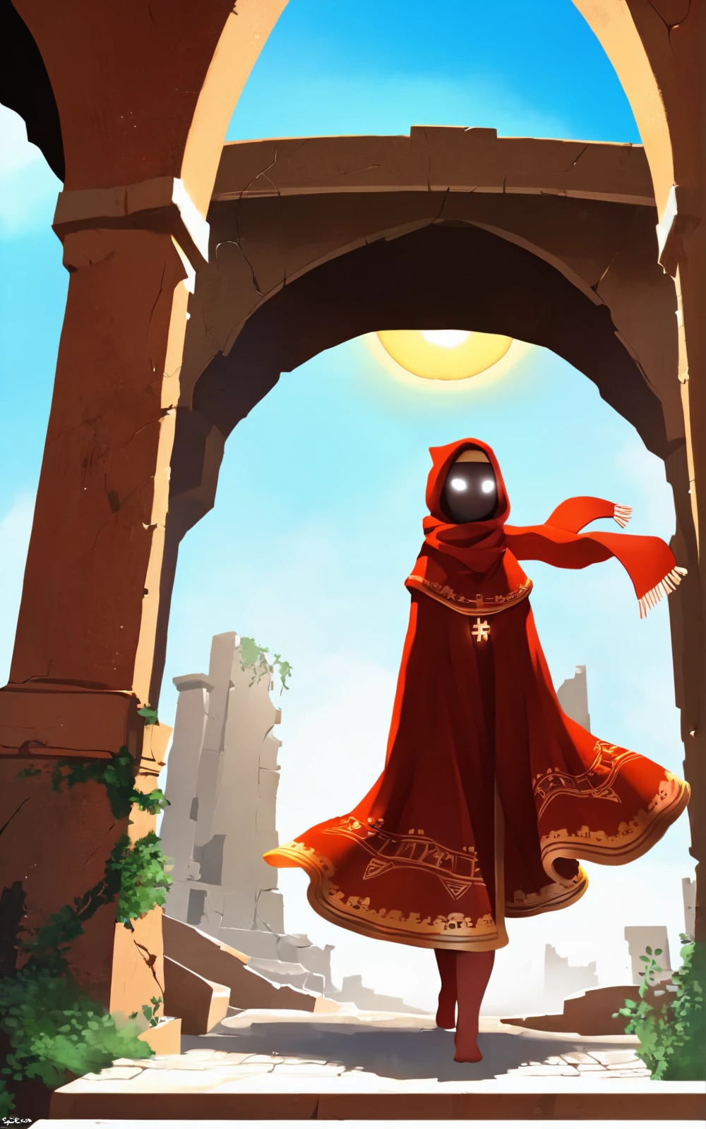 score_9, score_8_up, score_7_up,((masterpiece,best quality)), absurdres,((full body)),<lora:3d-2d:0.8>, <lora:TravelerSDXL:0.8>,TravelerSDXL,hooded cloak,hood,hood up, white eyes,robe, black skin,blank eyes,red thighhighs,no mouth,tall,ofuda,((scarf)),featureless feet,walking, dessert, ruins,sun,headband, golden headband