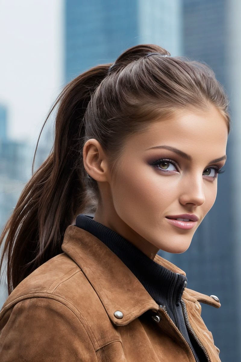 closeup headshot of S397_IvetteBlanche,a beautiful woman,in a (city:1.1),wearing a (suede-jacket:1.1),(ponytail),(4k, RAW photo, best quality, 50mm, depth of field, ultra high res:1.1),(intricate, photorealistic, cinematic-shot, masterpiece, ultra-detailed:1.1),