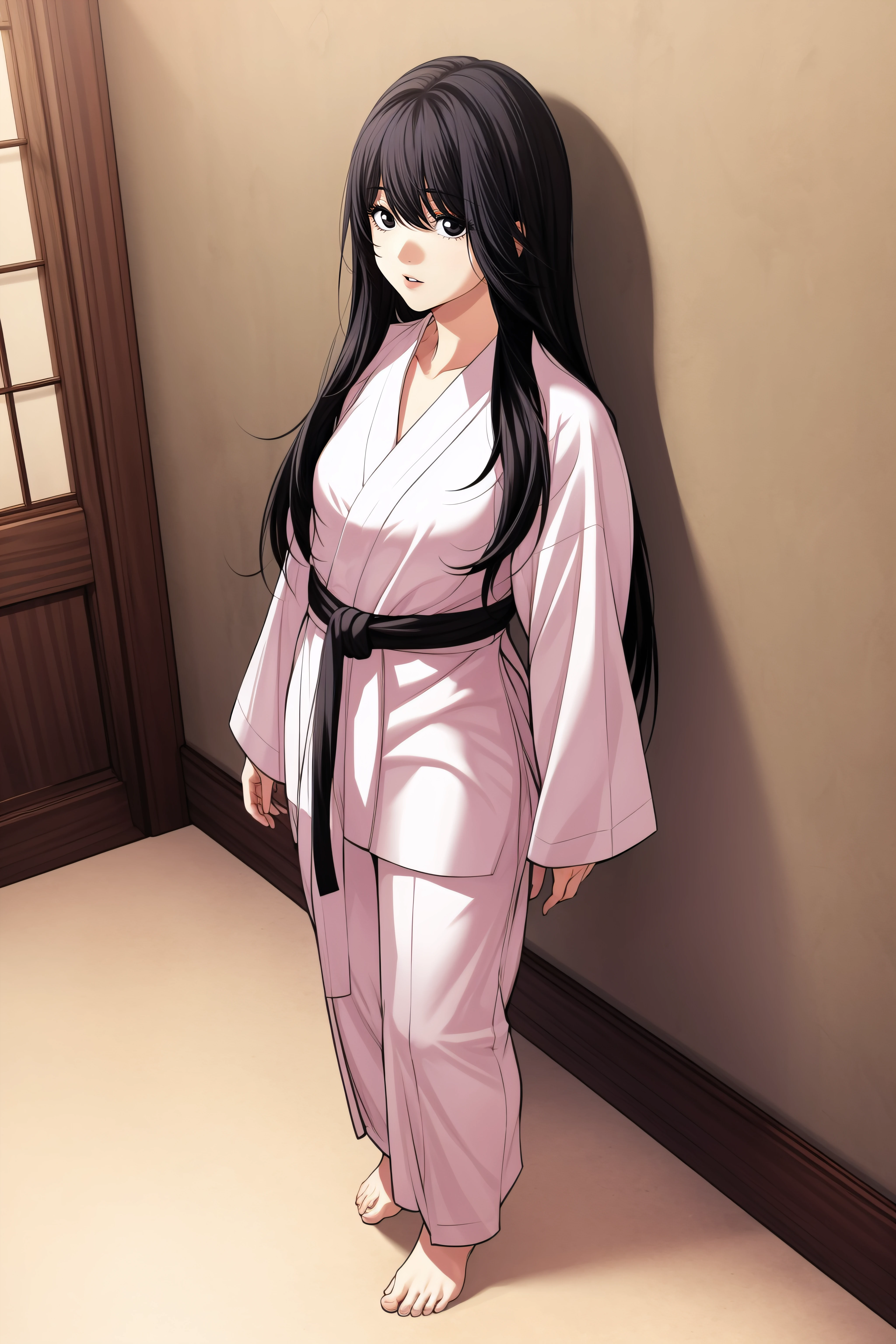 (masterpiece, best quality), <lora:kim sujin-lora-Faxtron:0.8> kim sujin, black eyes, black hair, long hair, medium breasts, white judogi, long sleeves, barefoot, standing, 
<lora:add_detail:0.8>