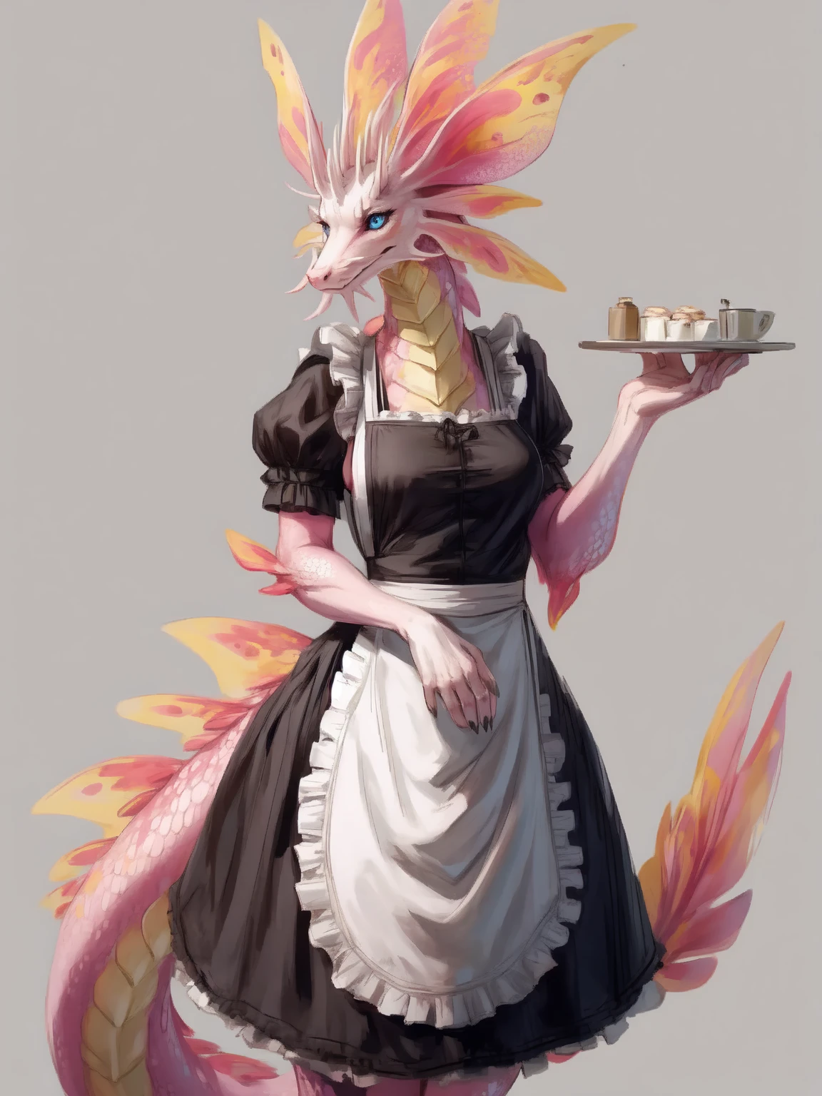 (character_design:0.9),(concept art:0.9),anthro,mizutsune,dragon,solo,(maid apron:1.1),female,breasts,hi res,standing,fingers,blue eyes,5 fingers,digital media (artwork),simple background,front view,pink fur,<lora:mizutsune-v1:0.9>,