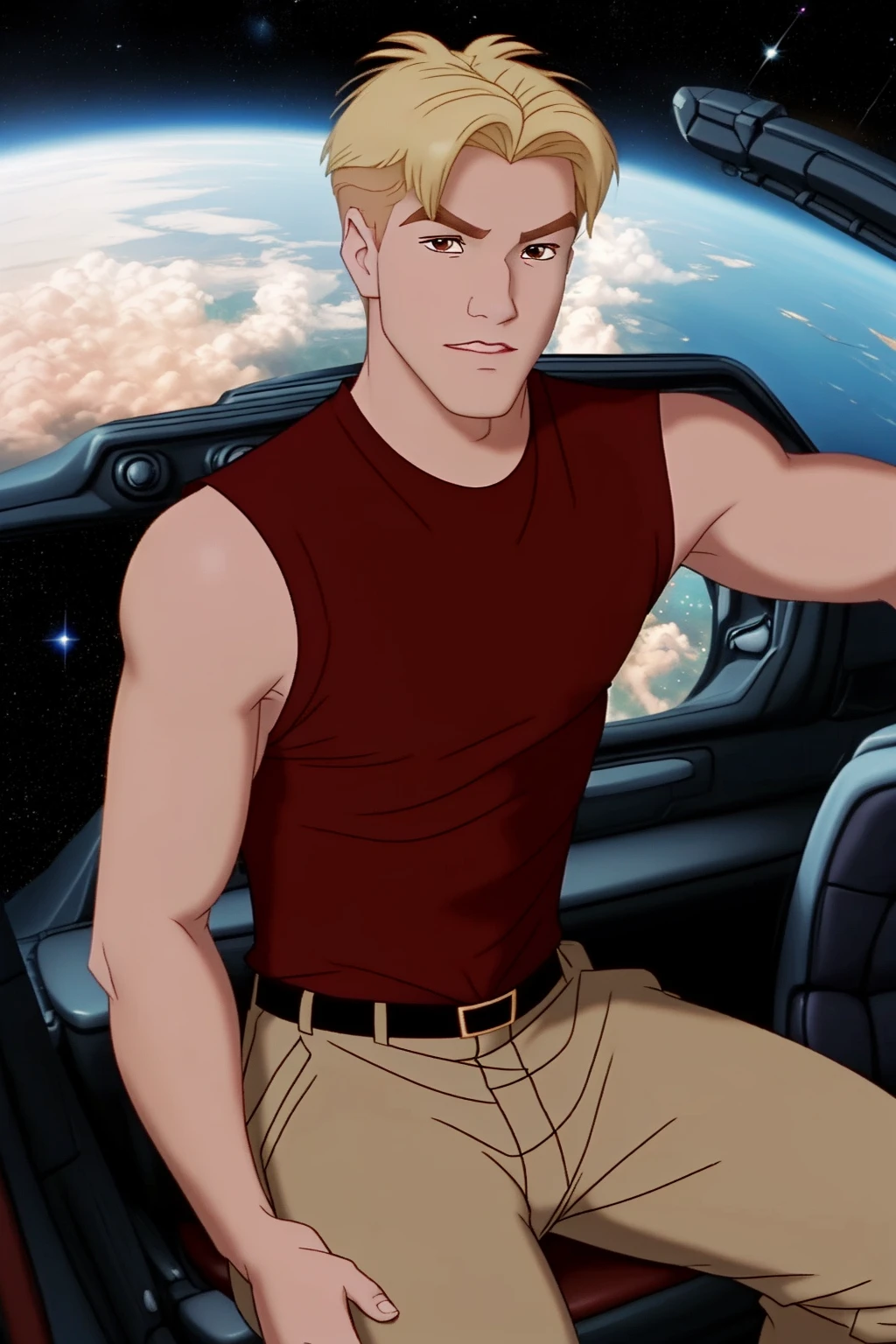 <lora:Cale-V2_HH-000020:0.8> c6l3,(disney style drawing),1boy, man,brown hair, looking at viewer<lora:DisneyRenV2:-0.00>
disneyrenaissance style, blonde hair, masterpiece,dynamic pose,sitting in cockpit, (driving), tank top, pants
location: space ship
