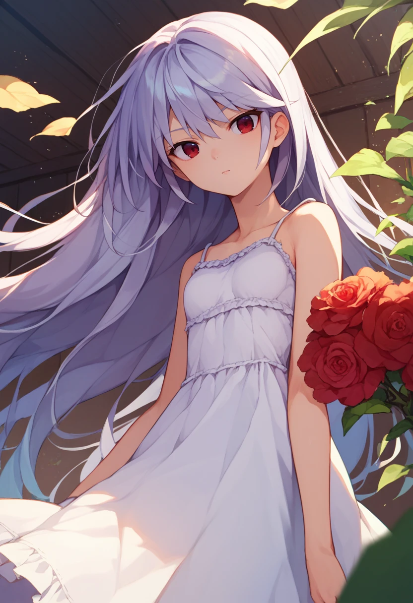 score_9, score_8_up, score_7_up, 1girl, Kazuki, silver hair, long hair, red eyes, white sundress, <lora:Kazuki DORAV2-000009:1>