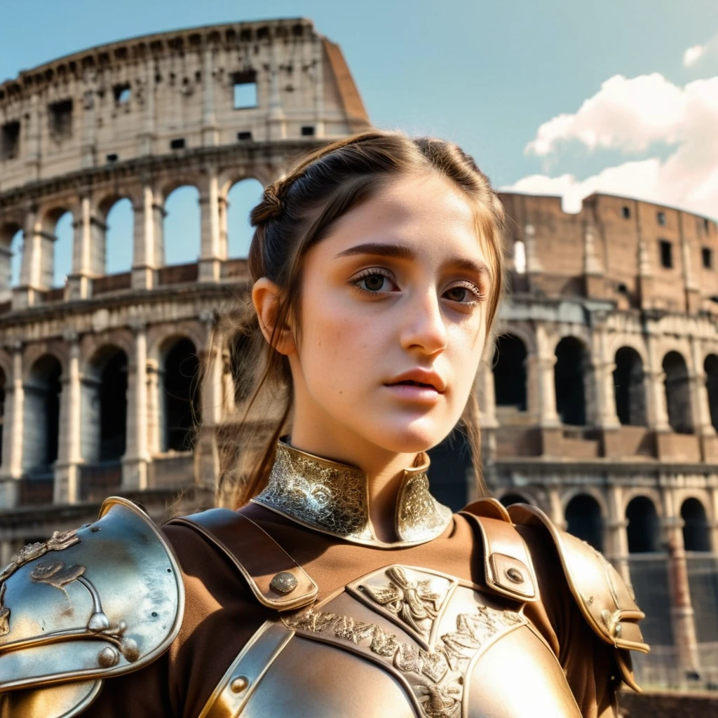 post-apocalyptical photograph recording a tender, developed, and irish ameliexl5 from above; wearing an elegant medieval full plate armor with a humble design; featuring a brown mane with a haughty face. shown looking up within a retrofuturistic rome colosseum with sun light.