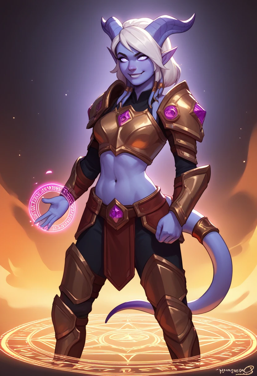 score_9, score_8_up, score_7_up, source_anime BREAK 1girl, solo, <lora:draenei-wc-richy-v1_pdxl:1> drnei, horns, pointy ears, colored sclera, colored skin, tail, tail ornament, armor, smirk, midriff, navel, standing, magic circle, aura