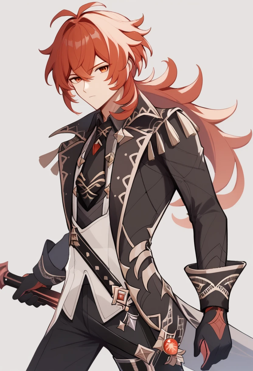 score_9,score_8_up,score_7_up,<lora:diluc_pony:1>,1boy,absurdres,antenna_hair,belt,black_gloves,black_jacket,black_pants,diluc_\(genshin_impact\),epaulettes,eyes_visible_through_hair,greatsword,grey_background,hair_between_eyes,highres,holding_weapon,long_hair,looking_at_viewer,male_focus,ponytail,red_eyes,red_hair,sidelocks,simple_background,solo,vision_\(genshin_impact\),white_shirt,wrist_cuffs,