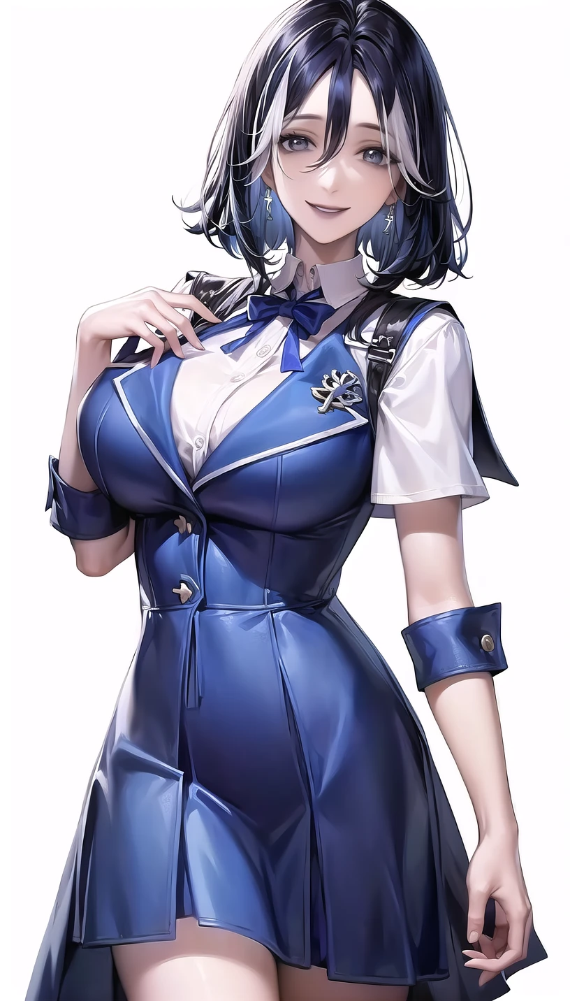smile,
(school uniform:1.28),
lady,mature female, cowboy shot,
(white background,simple background:1.18),
highres,official art,original,masterpiece,best quality,
(huge breasts:0.9),
<lora:Adela:0.8>