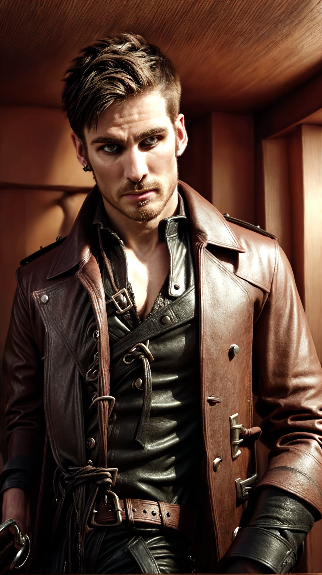 (masculine:1.3), handsome face, (face and upper body shot), (((short hair:1.3))), (messy stylish hairstyle:1.2), on wooden ship:1.2, wearing leather pants, (guy wearing pirate leather coat and shirt:1.2), confident, handsome, (((masterpiece))), (((best quality))), <lora:more_details:0.5>, (short hair), male, CaptainHookKillian, <lora:CaptainHookKillian (1):1> (strong physique:1.3)