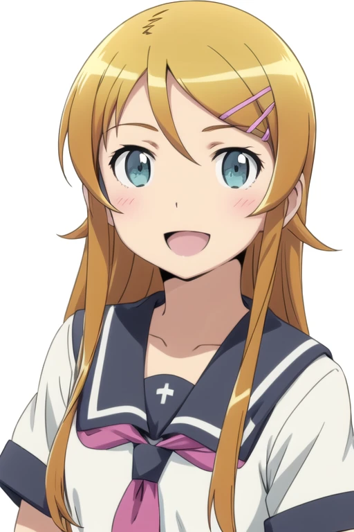 solo, 1girl, looking at viewer, 2D, anime, anime coloring, upper body, (simple background, solid white background:1.3), <lora:kirino-oreimo:0.8>, kirino kousaka, serafuku, school uniform, smile, :d