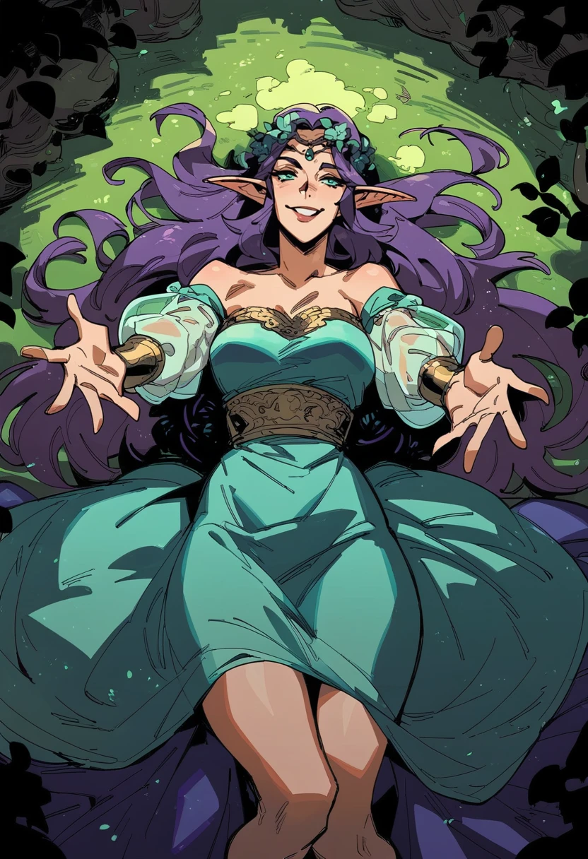 score_8_up, score_7_up, from above, beautiful elf queen lying on back, reaching towards viewer, smile, purple hair, ornate cyan dress with puffy sleeves, see-through sleeves, head wreath, particles, dark forest, night, fog <lora:sxz-hades-pdxl:0.8> hds style, cel shading, linear hatching,