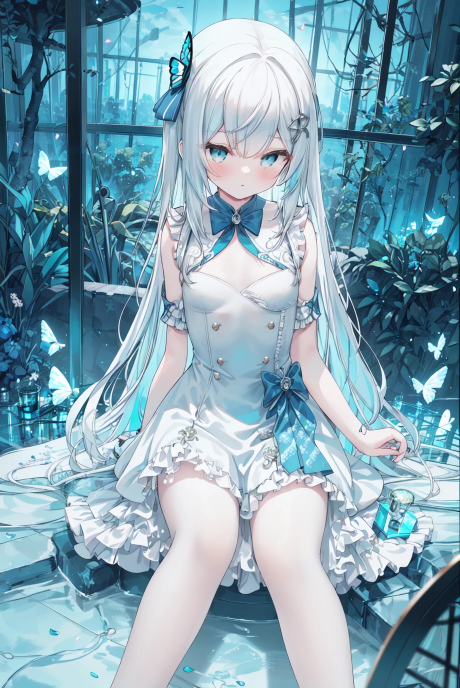 facing the lens,(1girl:1.1),aqua eyes,(beautiful detailed eyes),(hazmat suit),bare legs,butterfly hair ornament,((frills)),ribbons,bowties,buttons,(((small breast))),((huge clocks)),((glass strips)),(floating glass fragments),((colorful refraction)),(beautiful detailed sky),((dark intense shadows)),((cinematic lighting)),((overexposure)),ruins,park,petals on liquid,overexposure,dark intense shadows,depth of field,((sharp focus)),((extremely detailed)),colorful,hdr,(masterpiece),(highest quality),highres,(an extremely delicate and beautiful),(extremely detailed),Amazing,finely detail,<lora:鬼éèStyle_V3:1>,, (masterpiece),(highest quality),highres,(an extremely delicate and beautiful),(extremely detailed),Amazing,finely detail