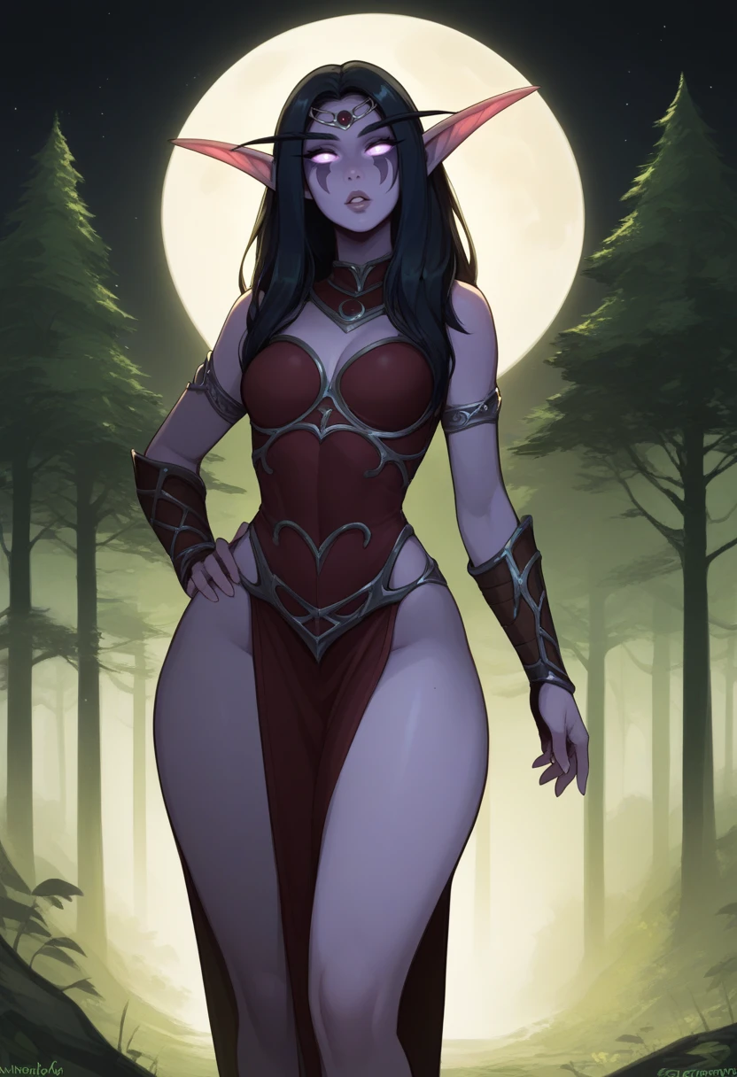 score_9, score_8_up, score_7_up, source_anime BREAK 1girl, <lora:nightelf-wc-richy-v1_pdxl:1> nghtelf, pointy ears, colored sclera, colored skin, facial mark, parted lips, long legs, wide hips, looking at viewer, circlet, dark, darkness, full moon, forest, black background