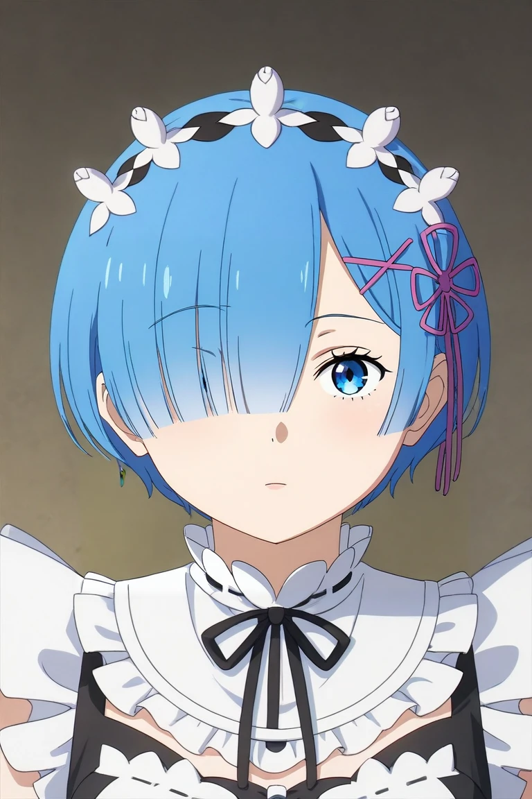 score_9, score_8_up, score_7_up, source_anime, rating_safe, intricate details, (realistic:0.6), looking at viewer, upper body, , 1girl, rem \(re:zero\), blue hair, blue eyes, short hair, hair over one eye, maid headdress, solo, Enchanting Luminescence, <lora:sousou_no_frieren_style_pony:0.84>, sousou_no_frieren_style, <lora:sdxl_lightning_8step_lora:1>