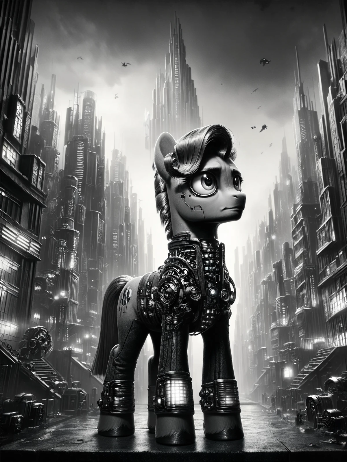 score_9, score_8_up, score_7_up, pony, futuristic, stylized, art deco, expressionist, 1920s, black and white <lora:Metropolis__Style_Pony:1>