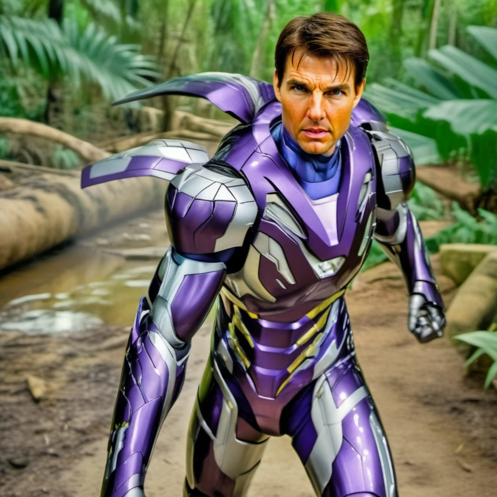HDR photo of tom cruise in a purple and grey armor, jungle<lora:Mark49-1024:0.9> . High dynamic range, vivid, rich details, clear shadows and highlights, realistic, intense, enhanced contrast, highly detailed