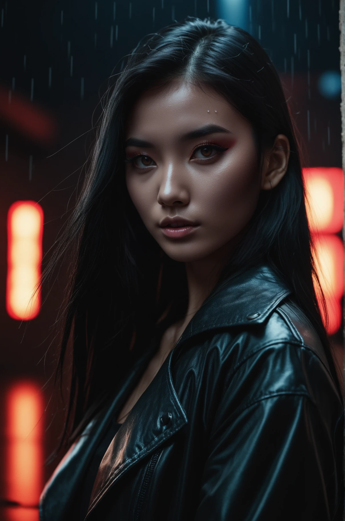 Neon noir The most beautiful China girl in the World, 24 years old, long black hair, brown eyes, Studio Shooting, emotional portrait, strong, photo in the style of Alessio Albi, cinematic composition, cinematic lighting, . Cyberpunk, dark, rainy streets, neon signs, high contrast, low light, vibrant, highly detailed