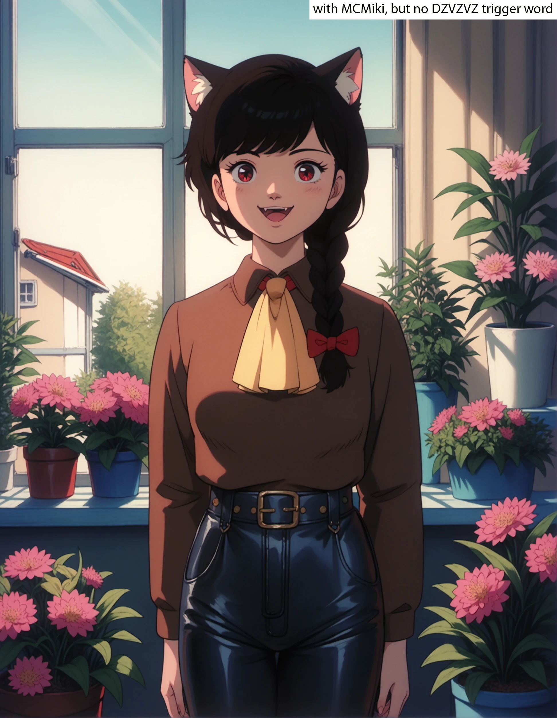 DZVZVZ, score_9, score_8_up, score_7_up, score_6_up, source_anime, solo, 1girl, catgirl, red eyes, happy, braid, black hair, sukajan, brown shirt, leather chaps, ascot, greenhouse, window, garden, blooming flowers, fragrant, (MCMiki:0.7), medium breasts
