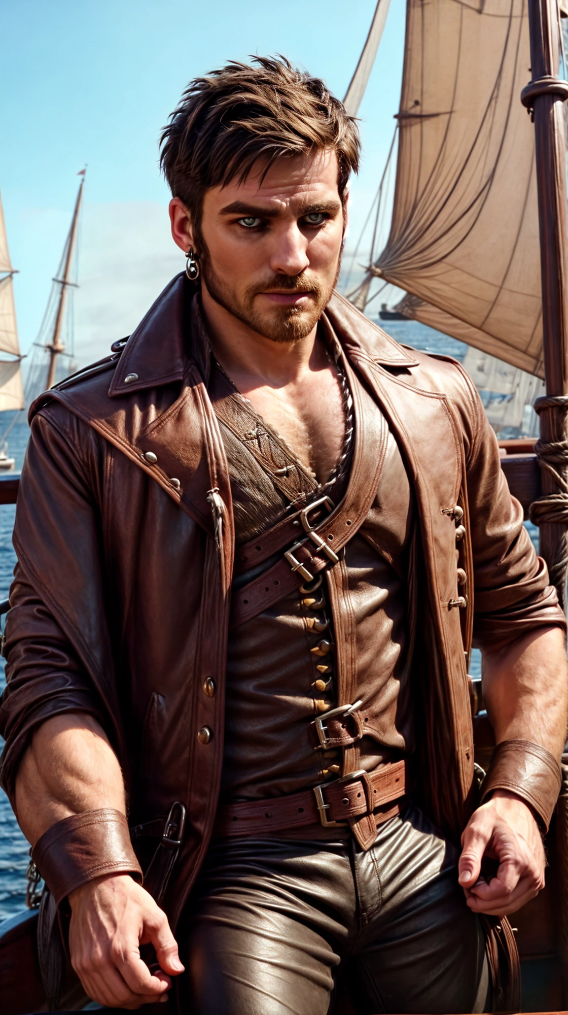 <lora:BulkedUpAIR1.5:0.3>, (masculine:1.3), handsome face, (close up shot:0.7), (((short hair:1.3))), on wooden ship:1.2, wearing leather pants, (muscular guy wearing pirate leather coat and shirt:1.2), confident, handsome, (((masterpiece))), (((best quality))), <lora:more_details:0.5>, (short hair), male, CaptainHookKillian, <lora:CaptainHookKillian (1):1>