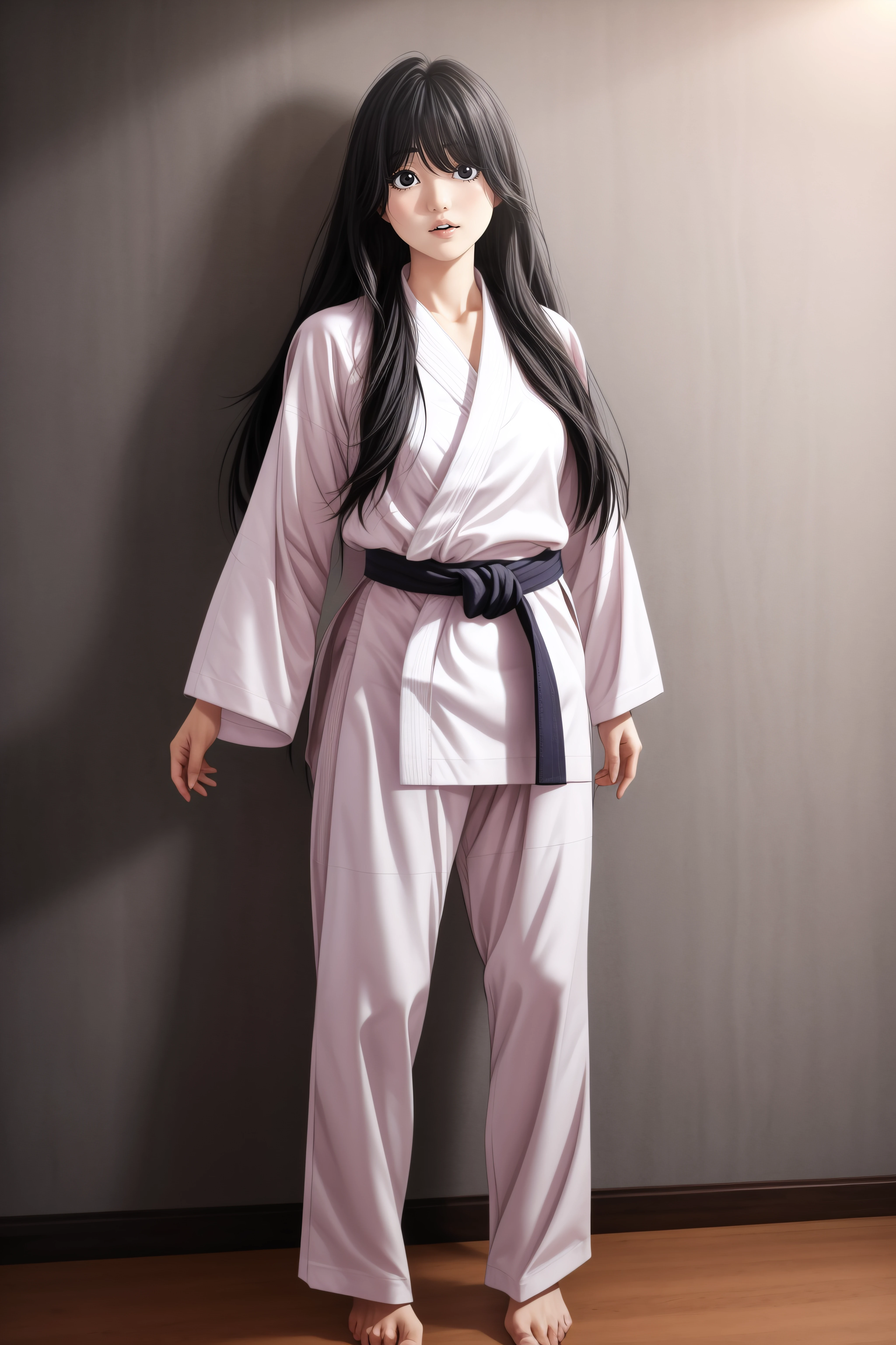 (masterpiece, best quality), <lora:kim sujin-lora-Faxtron:0.8> kim sujin, black eyes, black hair, long hair, medium breasts, white judogi, long sleeves, barefoot, standing, 
<lora:add_detail:0.8>