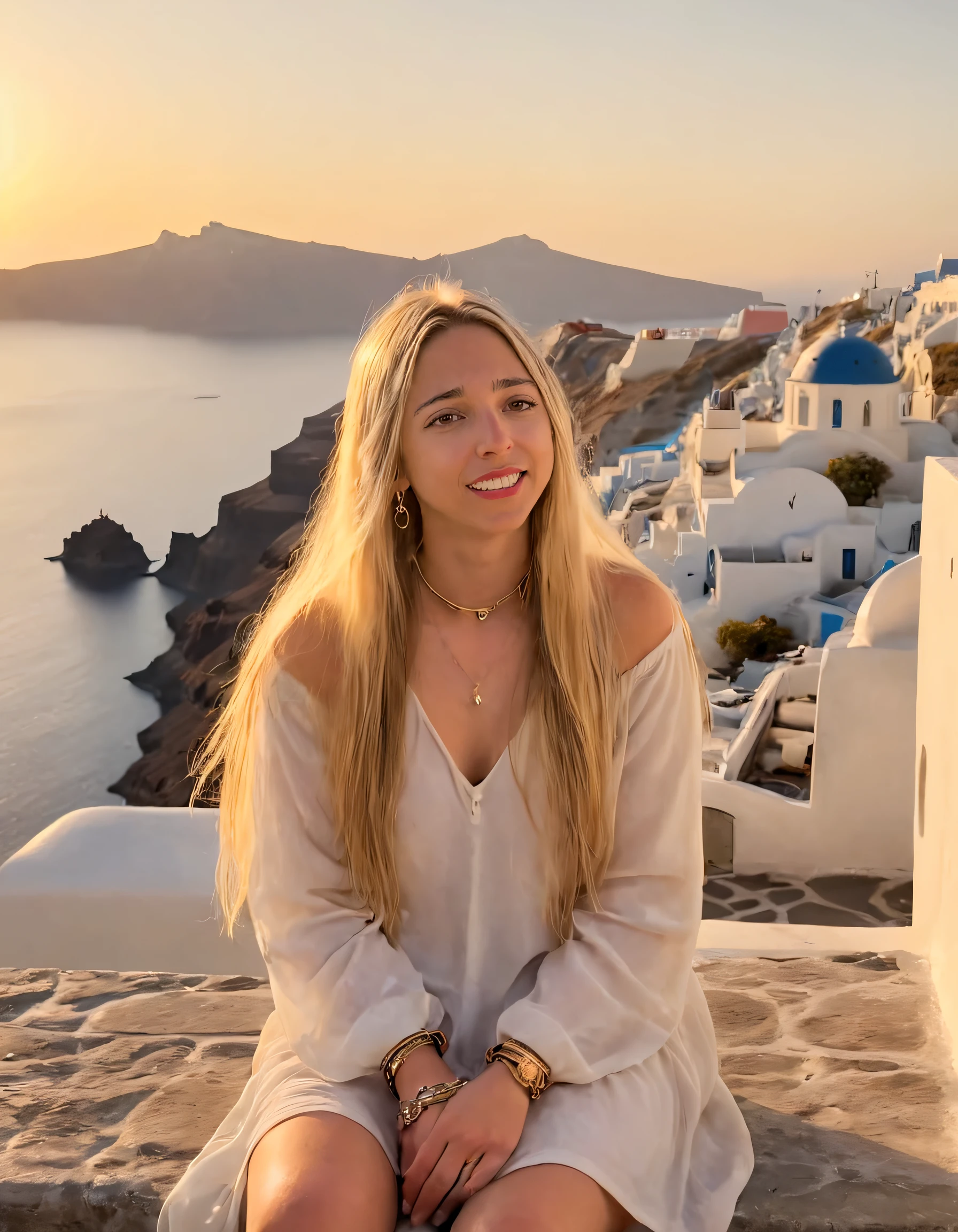 As Alicia, with her long blonde hair blowing gently in the evening breeze, smiled at the viewer while sitting gracefully on an ancient stone bench, the delicate jewelry adorning her wrist and ears caught the last rays of sunlight, mirroring the colors of the setting sun as it dipped below the horizon, bathing the iconic white-washed buildings of Santorini in a warm golden glow. <lora:tksywl18f212205fcq12a:1>