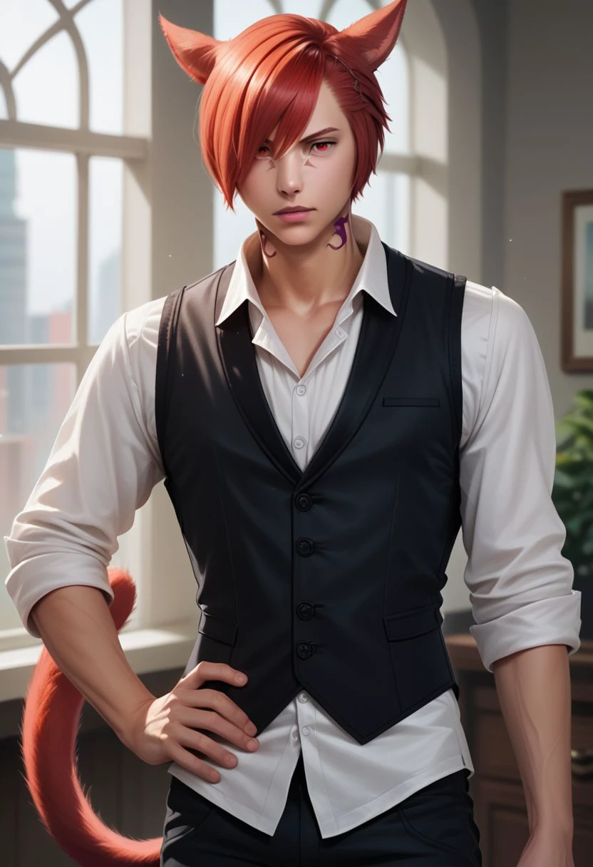 grahatiaffxivdsk, miqo'te, 1boy, male focus, solo, animal ears, cat ears, red hair, cat boy, tail, indoors, cat tail, black pants, short hair, facial mark, pants, shirt, neck tattoo, vest, upper body, white shirt, red eyes, portrait, realistic, hand on hip, holding, holding jacket, sleeves rolled up, hair over one eye, window, jacket removed, black vest  PonyXLV6_Scores zPDXL