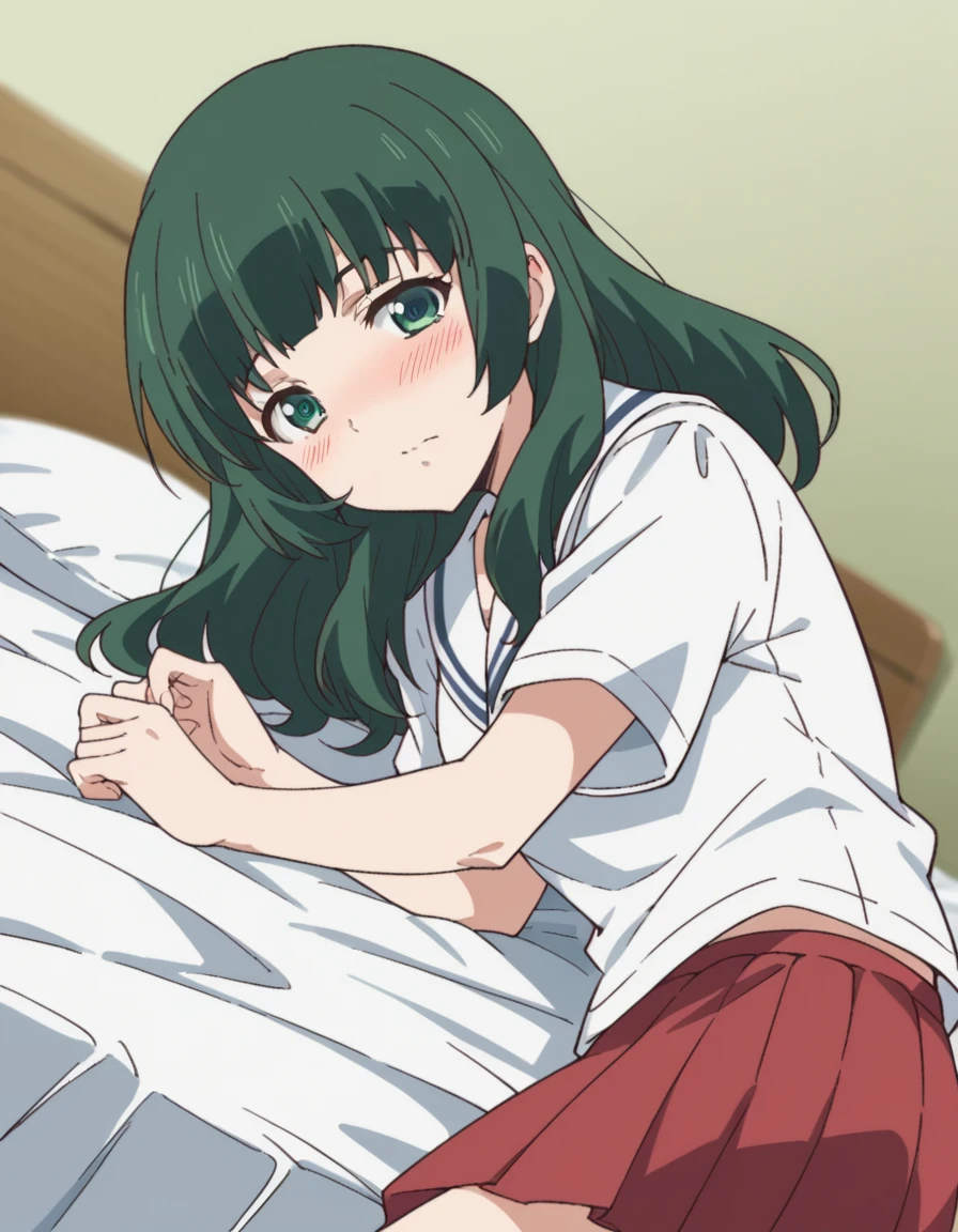 score_9, score_8_up, score_7_up, source_anime,
miuashihara, <lora:miu-ashihara-s1-ponyxl-lora-nochekaiser:1>,
miu ashihara, long hair, bangs, green eyes, green hair,
shirt, school uniform, white shirt, short sleeves, serafuku, sailor collar, skirt, red skirt,
indoors, bed, bed room, on side, blush, drunk,
looking at viewer, cowboy shot, dutch angle, solo,