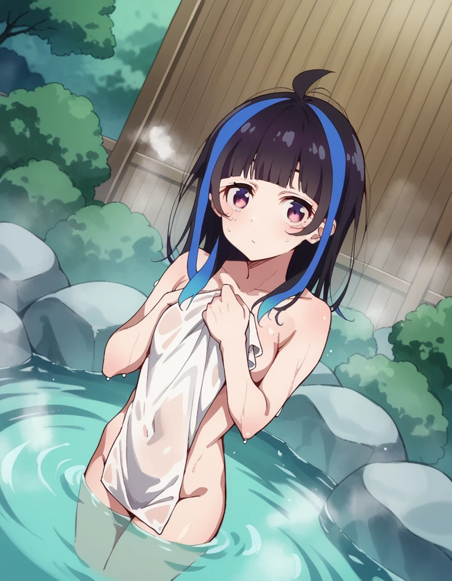 score_9, score_8_up, score_7_up, source_anime,
miniyaemori, <lora:mini-yaemori-s1-ponyxl-lora-nochekaiser:1>,
mini yaemori, long hair, bangs, black hair, blue hair, purple eyes, multicolored hair, blunt bangs, streaked hair, ahoge,
nude, naked,
outdoors, onsen, towel, naked towel, steam, bathing, nude cover, partially submerged, water, bath, steam censor, wet towel,
looking at viewer, cowboy shot, solo, dutch angle,