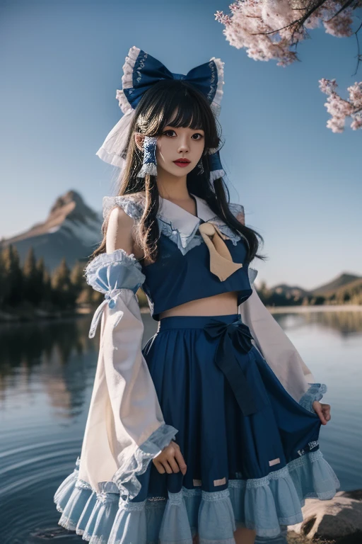 ltra-detailed,highly detailed,best quality,masterpiece,illustration,realistic,photorealistic,
reimu, hakurei reimu \(cosplay\), hakurei reimu,
1girl, solo, cosplay,
kimono, detached sleeves, wide sleeves, long sleeves, frilled sleeves, ribbon-trimmed sleeves, dress, skirt set,
bow, frills, ribbon trim, frilled bow,
long hair, bangs, hair bow, hair tubes,
looking at viewer,cowboy shot,
outdoors, photo background, day, tree, sky, water, lake, mountain, scenery, blue sky, nature,
<lora:reimu_v2_05:0.9>
