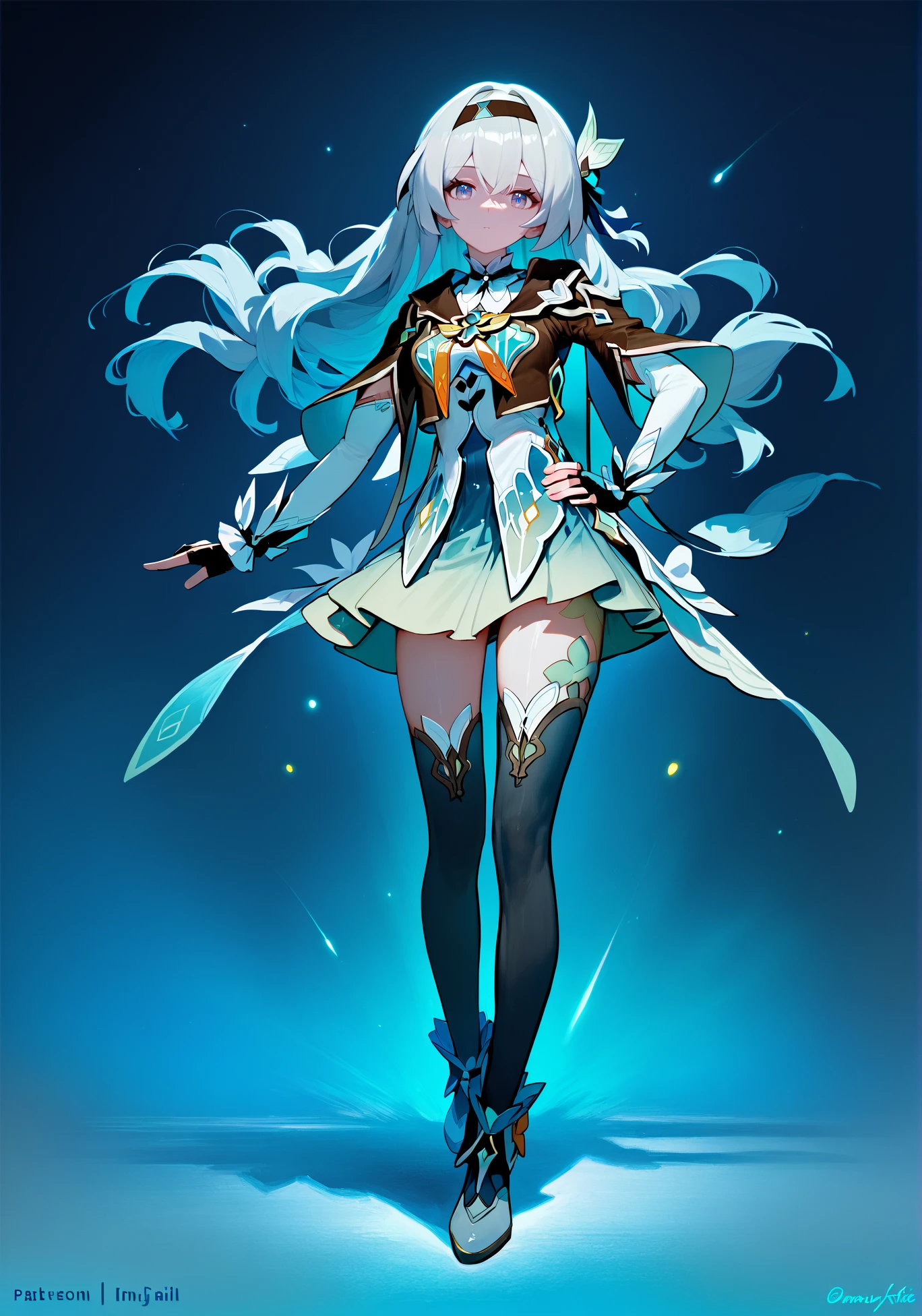 score_9, score_8_up, score_7_up, score_6_up, 8k,
8k, best quality, masterpiece, (ultra-detailed:1.1), (high detailed skin),
(full body), (white background:1.1), standing, looking at viewer, (solo), hand on hip,
<lora:LKtrain-pony-Tanger-000005:0.7>, Firefly /(honkai: star rail/), Firefly's def clothes, def clothe, 1girl, black thighhighs, blue eyes, hairband, long hair, black hairband, fingerless gloves, skirt,
(beautiful_face), ((intricate_detail)), clear face,
((finely_detailed)), fine_fabric_emphasis,
((glossy)), full_shot, <lora:Сosmic Void Style LoRA_Pony XL v6 ALT:0.7>,