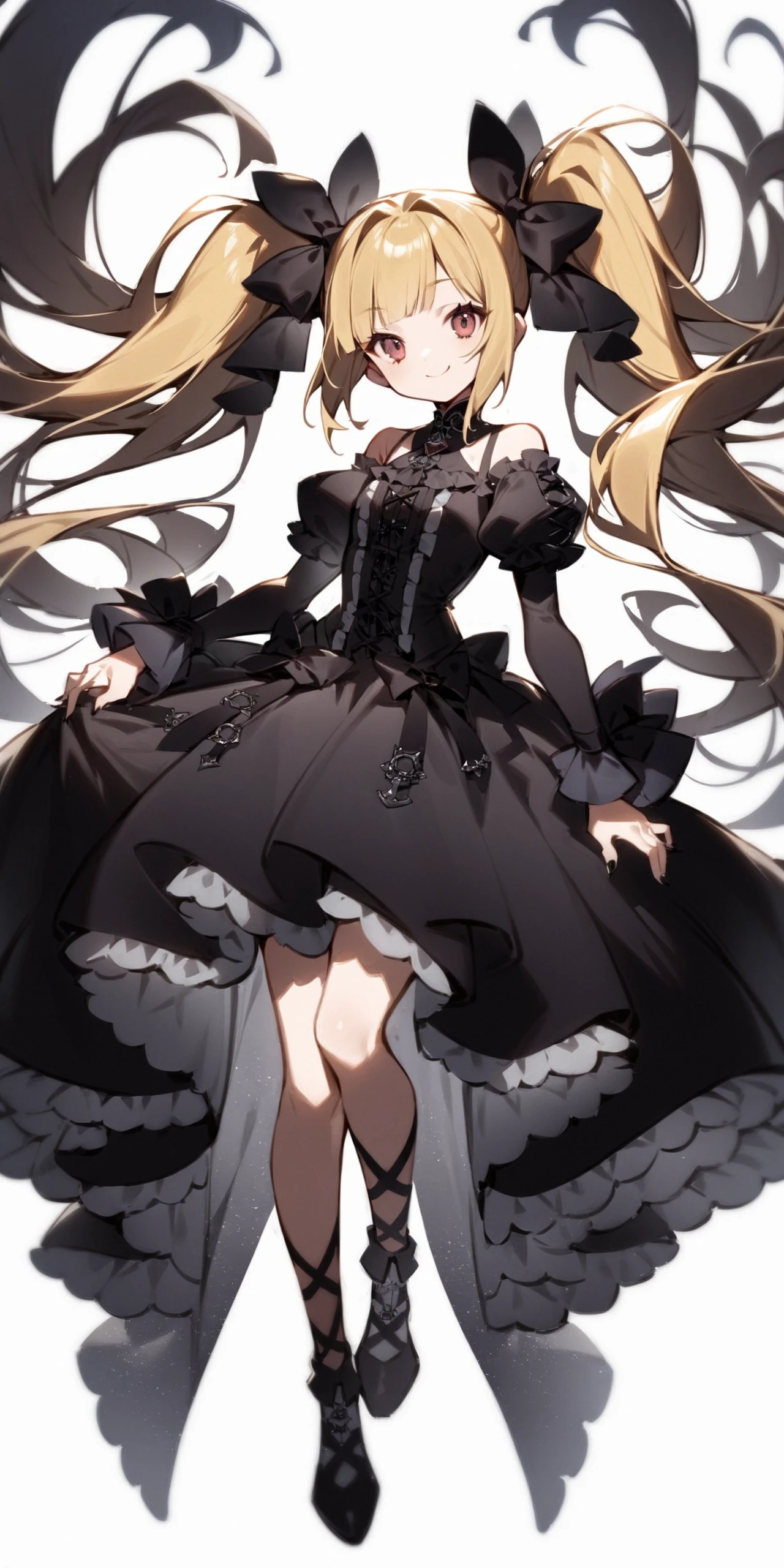 1girl, gothic, blonde hair, twintails,
smile, closed mouth,
tachi-e, fullbody, white background,
Alice in glitterworld