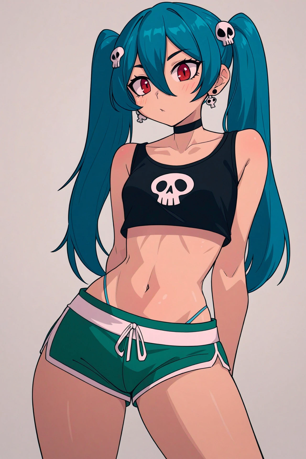 score_9, score_8_up, score_7_up, 1 girl
,dolphin shorts,shirt,hair between eyes,highres,skull hair ornament,choker,panty peek,cowboy shot,crop top,solo,shorts,jewelry,panties,short shorts,black nails,small breasts,earrings,breasts,red eyes,black choker,standing,arm behind back,nail polish,underwear,jourd4n,blue hair,crossed bandaids,navel,twintails,1girl,collarbone,green shorts,ji-yoon \(jourd4n\),blue panties,simple background,hair ornament,black shirt,white background