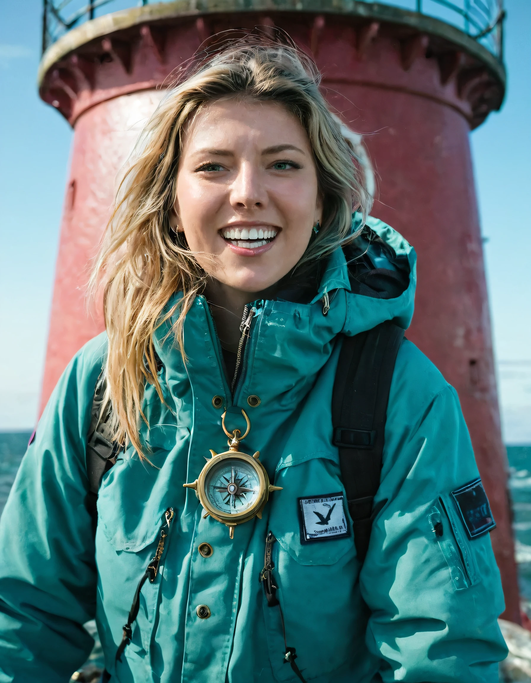 Dasha, a fearless adventurer and solitary soul, stands tall on the dilapidated lighthouse with her mesmerizing aquamarine eyes fixed upon the viewer as she grins slightly, showcasing her perfect teeth; dressed in her signature 1girl apparel, which combines both style and practicality: a waterproof parka sporting marine life prints and thermal pants highlighting her athletic physique. In one hand, she holds aloft her beloved brass compass pendant, the very symbol of her unwavering devotion to exploration and adventure, as it glistens against the chaotic canvas of the crashing waves below, reflecting the turbulent emotions that swirl within her heart. <lora:rnpxuq18f20eee557m67:1>