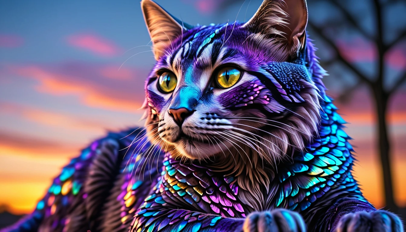 ethereal, iridescent purple-blue (scaled:1.2) feline creature, shimmering silver and radiant colors, sunset lighting closeup low-angle camera shot intricate details, uhd 8k (nikon:.7)