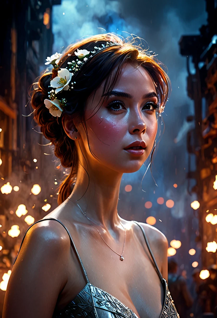cinematic photo portrait of a beatiful (((ohwx girl))) princesse, dynamic lighting, in the style of Jean-Baptiste Monge, dark ambiance, ink slpatters, flowers, realistic, sharp focus, illustration, octane render, unreal engine, 8k, high resolution, trending on artstation, sharp focus, studio photo, intricate details, highly detailed, by greg rutkowski, sharp focus, emitting diodes, smoke, artillery, sparks, racks, system unit, motherboard, by pascal blanche rutkowski repin artstation hyperrealism painting concept art of detailed character design matte painting, 4 k resolution blade runner . 35mm photograph, film, bokeh, professional, 4k, highly detailed