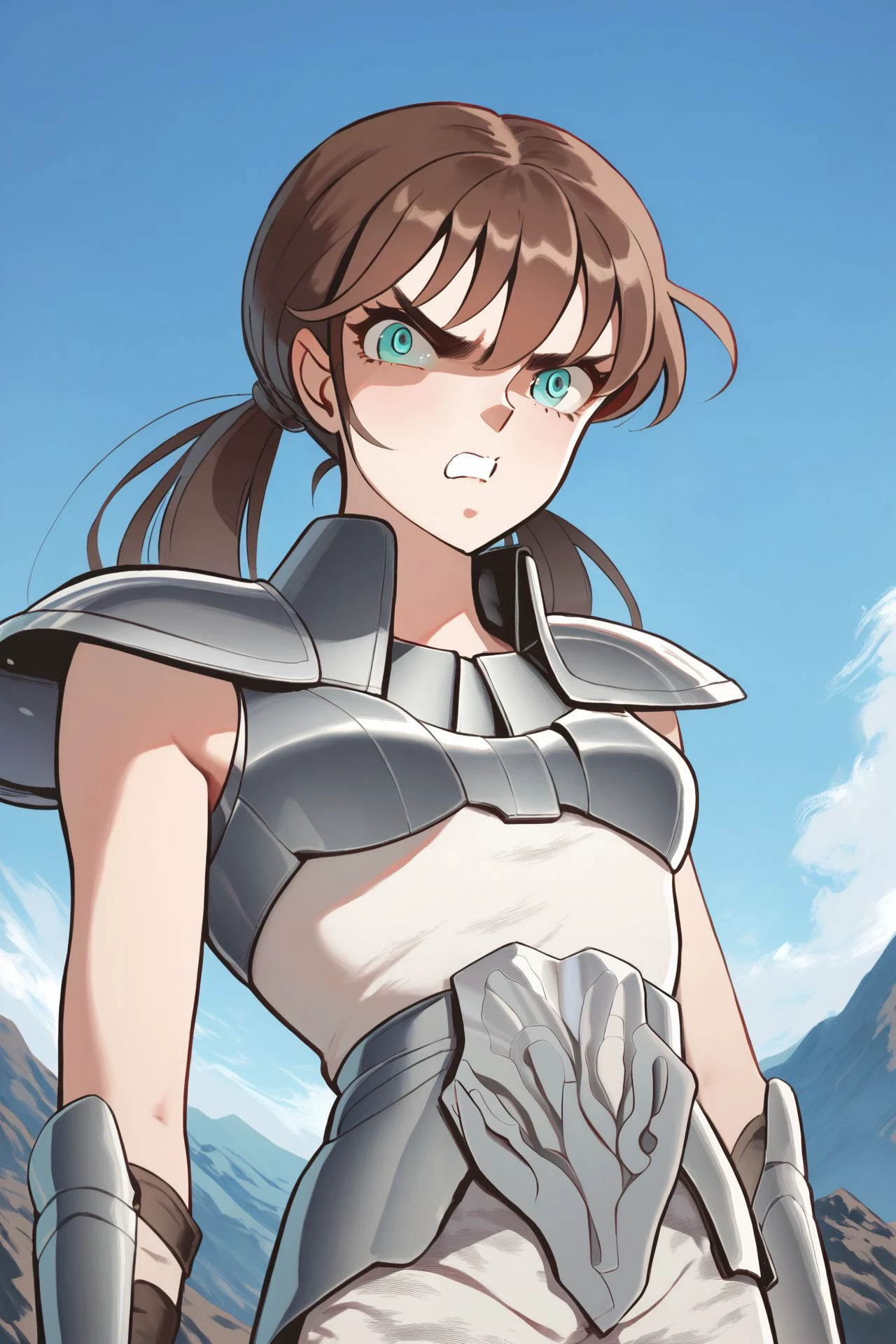 score_9, score_8_up, score_7_up, 1girl, solo, disgusted, brown hair, straight-across_bangs, uneven_twintails, aqua eyes, small breasts, dark_grey armor, outdoors, <lora:Masami_Kurumada_PonyXL_style_v01.10.025:1>-