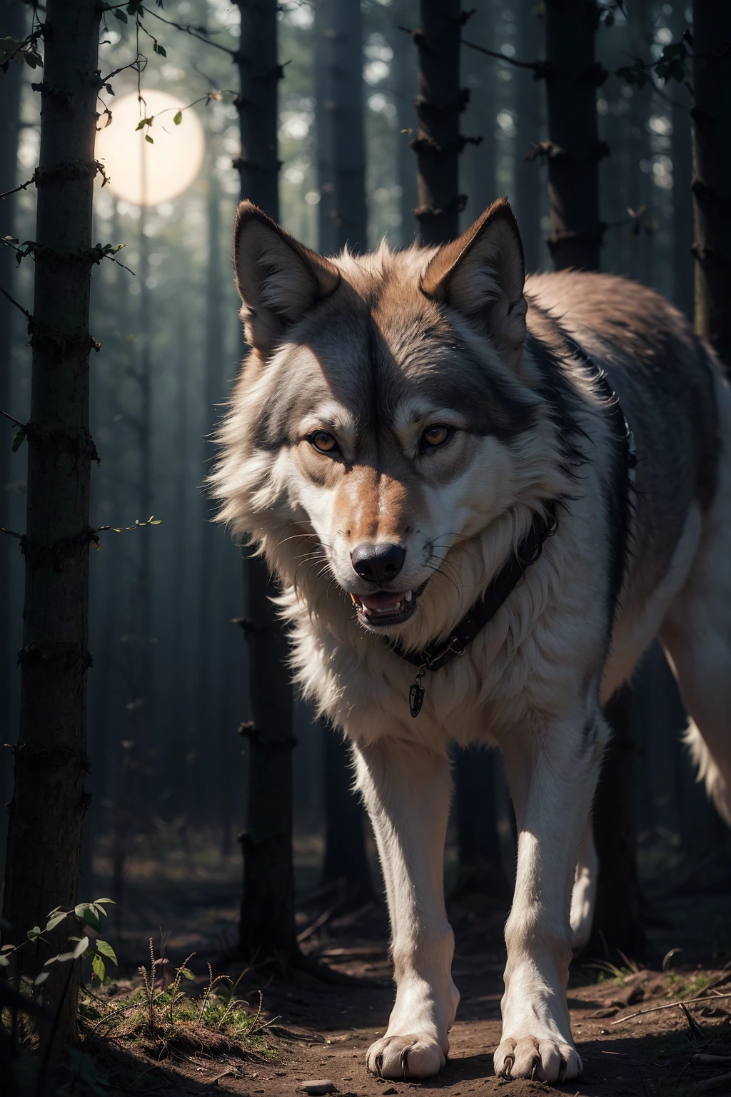 ((masterpiece, high quality, best quality, 8k, wallpaper, detailed)), moody, dim lighting, wolf, dark forest, nighttime,