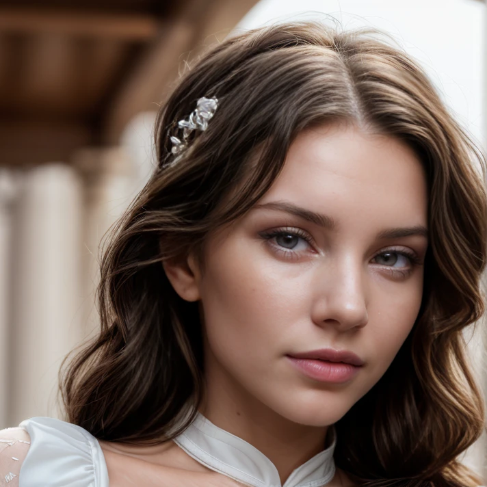 a women in a gorgeous silk dress, dress shiny and reflective, flower crown, portrait photo, detailed image, beautiful outdoor background, sun raise, ultra perfect image, diamond earrings, necklace, beautiful lighting, looking at viewer, glowing skin, angel, white hairstyle