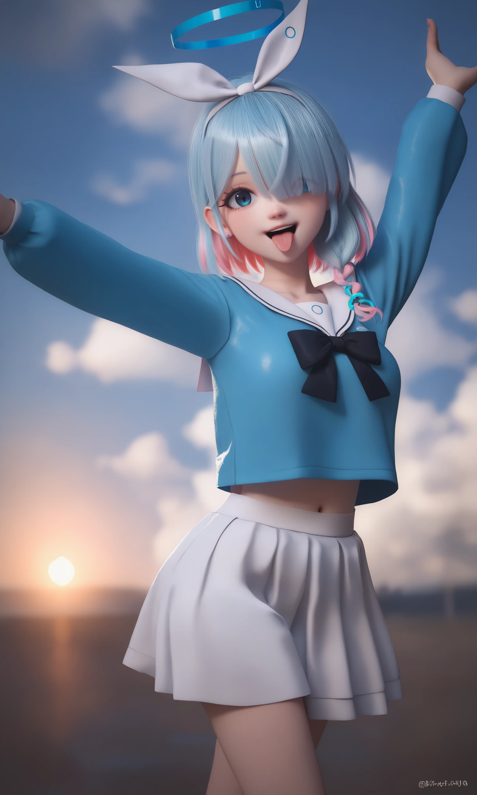 score_9,score_8_up,score_7_up,score_6_up,score_5_up,score_4_up,
,navel,arona_\(blue_archive\),smile,solo,blue_sky,white_sailor_collar,looking_at_viewer,pleated_skirt,outdoors,tongue,white_skirt,cloudy_sky,highres,spread_arms,absurdres,open_mouth,hair_over_one_eye,long_sleeves,upper_teeth_only,1girl,day,<lora:blue_archive_all_v1:0.8>