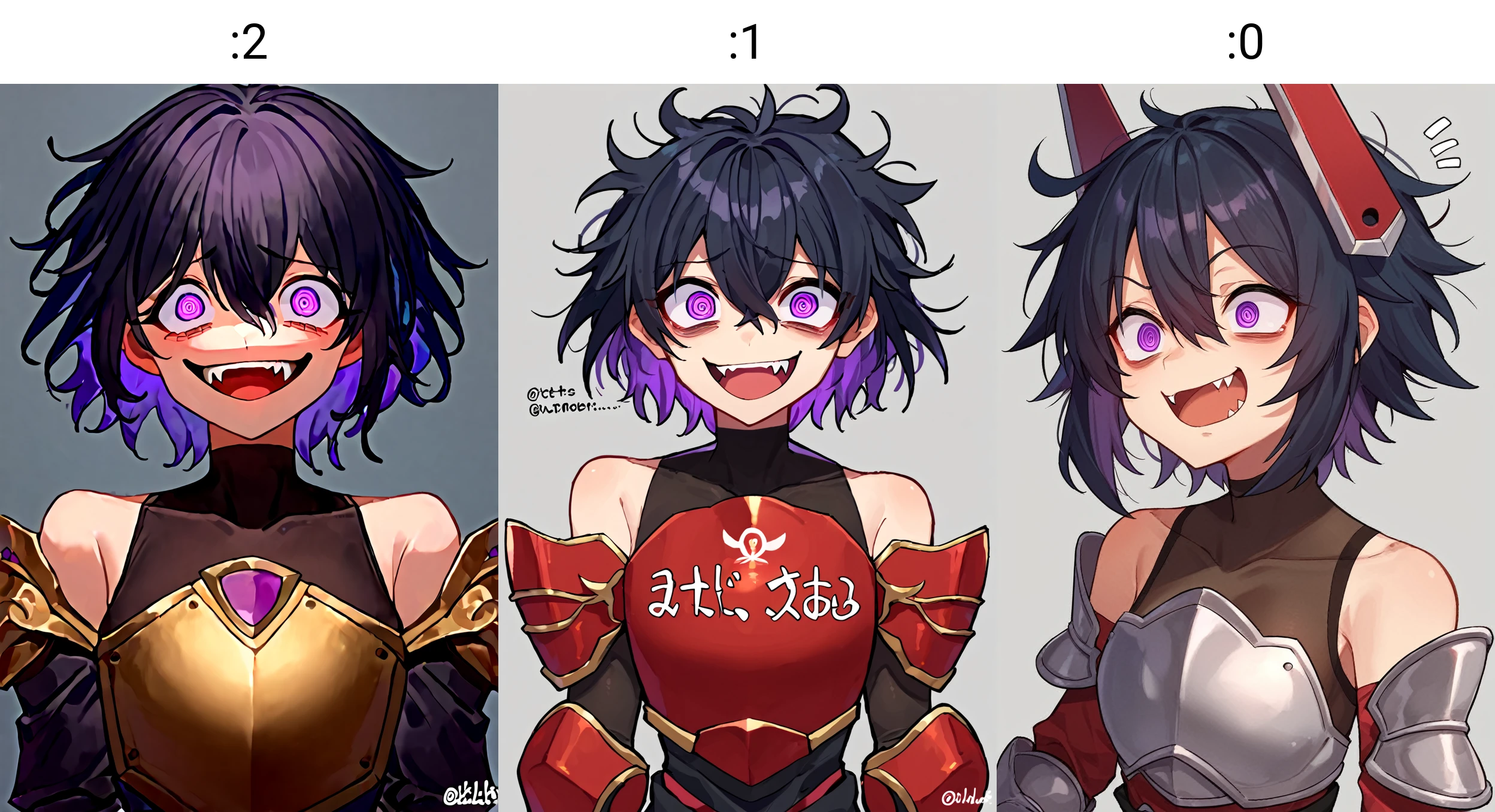 score_9, score_8_up, score_7_up, BREAK
1girl, upper body, crazy, bodystocking, crazy eyes, twitter username, short hair, open mouth, breastplate, @_@, black hair, fangs, solo, wavy mouth, headgear, sidelocks, bare shoulders, purple eyes, armor, skirt, covered collarbone, grey background, gauntlets, simple background, smile, medium hair, shoulder armor, hair intakes, messy hair, english text, black skirt, hair between eyes
<lora:You can't fix her DoRA PDXL:2>
