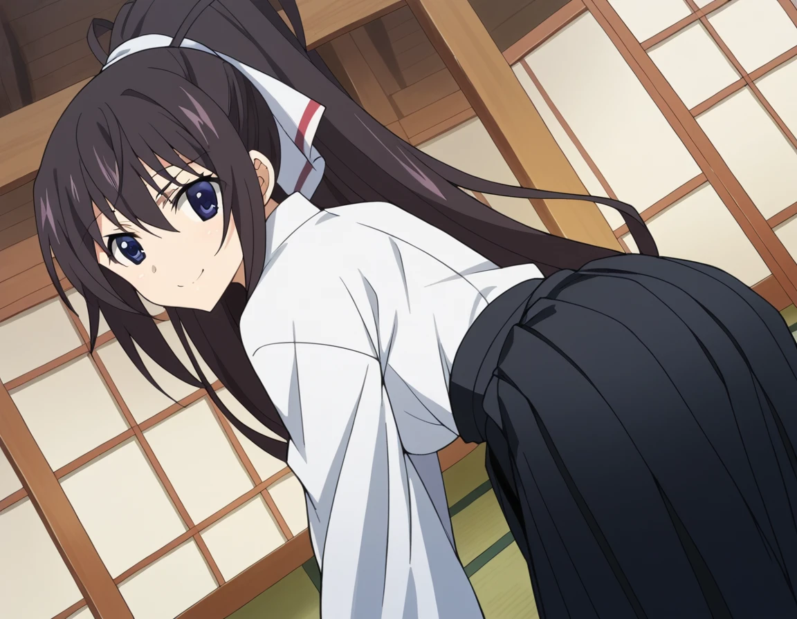 score_9, score_8_up, score_7_up, source_anime,
houkishinonono, <lora:houki-shinonono-s2-ponyxl-lora-nochekaiser:1>,
houki shinonono, long hair, blue eyes, black hair, ribbon, hair ribbon, ponytail,
skirt, japanese clothes, hakama, hakama skirt, black hakama,
indoors, dojo, bent over, smile,
looking at viewer, cowboy shot, solo, dutch angle,