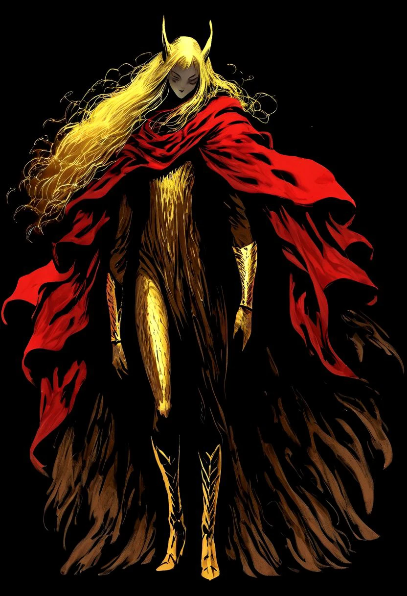 wizardry, illustration, beautiful Female Dryard, long golden hair,  silver kneeguards, magic boots, long ears, slender long legs, black background, mysterious, mythical,  red robe yellow cloth, cape, creature, werelion, golden fur,