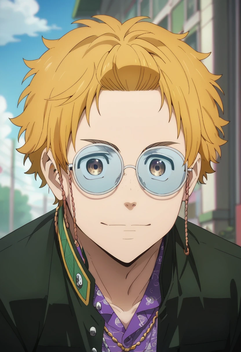 score_9, score_8_up, score_7_up, masterpiece, best quality, cute, male focus, AKIHIKO NIREI, BLONDE HAIR, BROWN EYES, glasses, purple shirt, SPARKLE<lora:EMS-362965-EMS:1.000000>